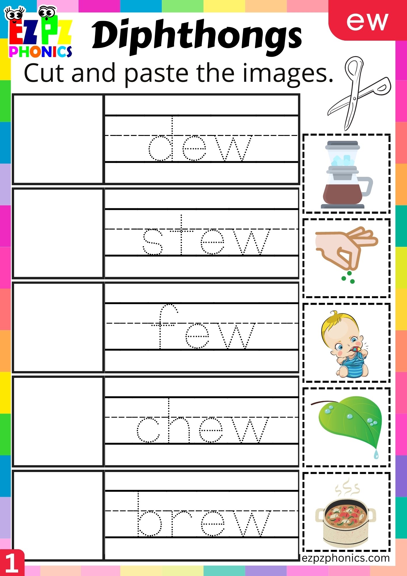 ew Diphthong Cut and Paste the Images Worksheet PDF Download